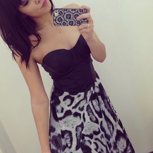 GUESS leather bodice, high low animal print dress